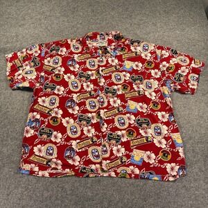 Y2K Big Dogs Shirt Mens 5X Red Hawaiian Beer Dog Print Rayon Camp Button Up
